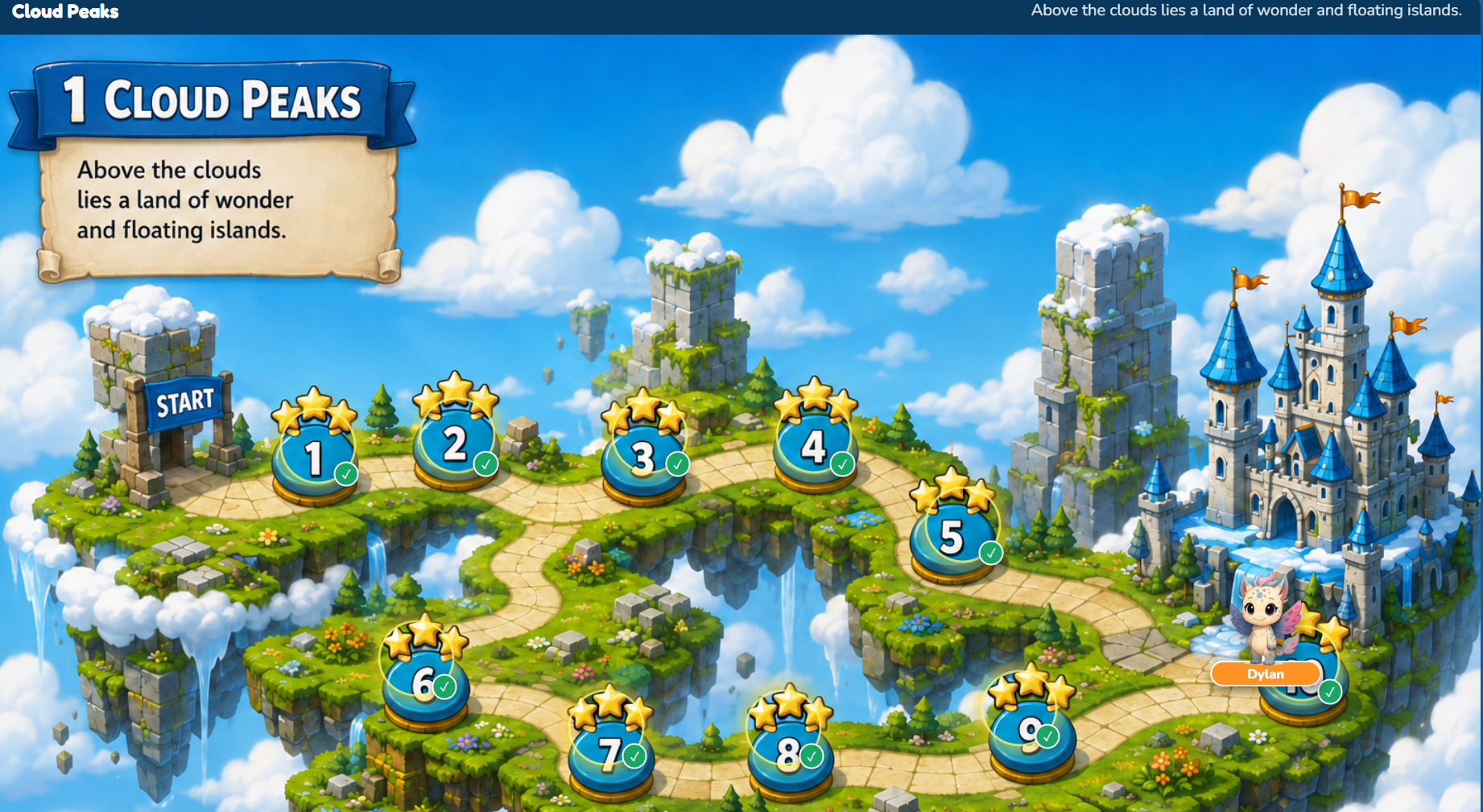 Cloud Peaks adventure map with ten learning levels and Dylan