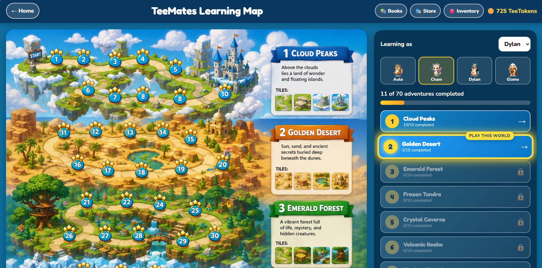 TeeMates Academy learning map showing Cloud Peaks, Golden Desert and Emerald Forest adventures